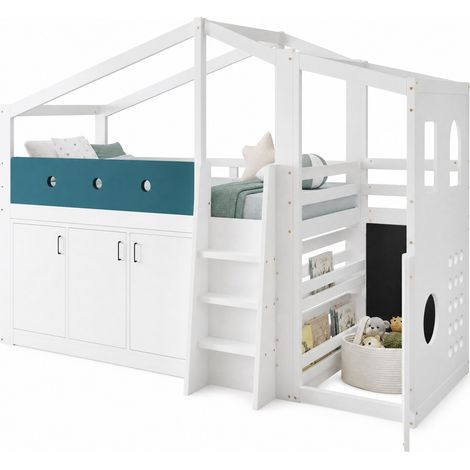 Lit cabane mi-hauteur enfant 90x200 cm, blanc, avec espace de jeu, armoire de rangement et échelle latérale, pour chambre d’enfant compacte - CHICFURN (1/5)