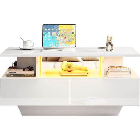 Table basse moderne haute brillance avec LED et 2 tiroirs, 90 x 55 x 41 cm, table d’appoint avec rangement, charge max 30 kg