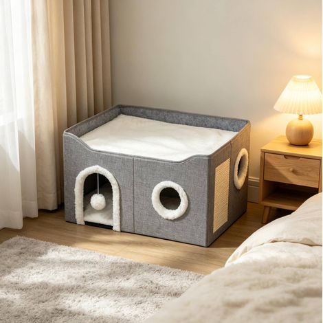 Casa plegable para gatos gris con rascador y cama elevada HAVRYA (1/5)