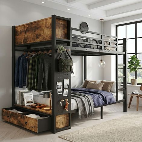 Lit superposé en métal noir 120x200 cm avec espace de rangement, penderie, tiroir, panneau perforé et étagères ouvertes – lit superposé avec système de rangement multifonctionnel (1/5)