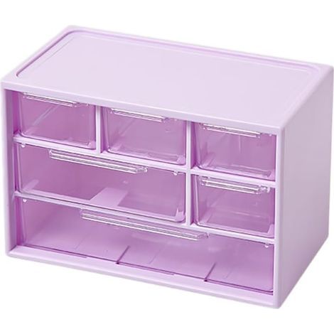 Petit organiseur de bureau, boîtes de rangement en plastique, mini boîte de rangement, tour de rangement transparente à 6 tiroirs pour ranger les petites pièces (violet). (1/5)