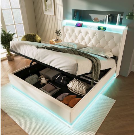 letto contenitore 140x200 LED USB Type C bianco OKMYHOME (1/5)