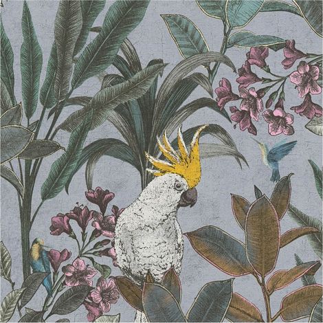 Birds wallpaper wall Profhome 397483 hot embossed non-woven wallpaper slightly textured with jungle elements matt grey blue green yellow 5.33 m2 (1/5)