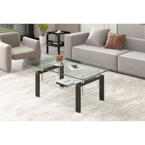 Mesa de centro de vidrio templado 100 x 60 x 44 cm, doble nivel, estructura metálica (1/5)