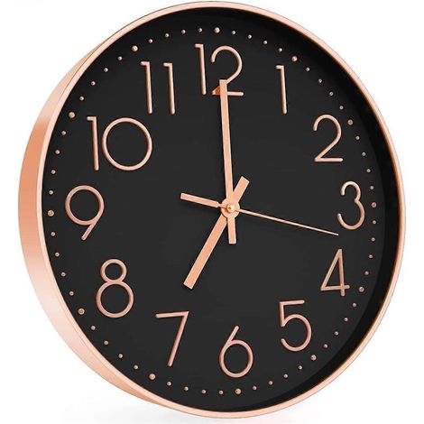 Große, geräuschlose Wanduhr für Wohnzimmer, Büro und Küche. Modernes Design und gut lesbar – Roségold und Schwarz. (1/4)