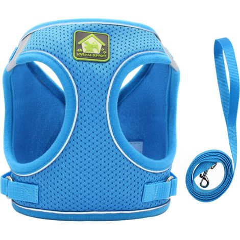 Ensemble harnais et laisse pour chien, gilet en maille réfléchissante et réglable pour promenades en extérieur (bleu)