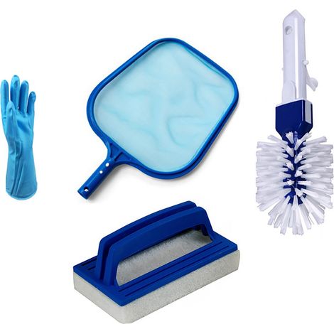Kit de nettoyage pour piscine : épuisette à feuilles, brosse éponge, brosse à main et gants.