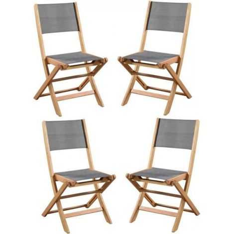 Lot de 4 chaises de jardin en bois d'acacia FSC et assise textilene - 50 x 57 x 90 cm - Gris (1/4)