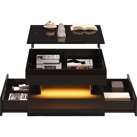CHICFURN Tavolino da caffè sollevabile 65 x 65 x 38,5 cm nero, LED, 2 cassetti (1/5)
