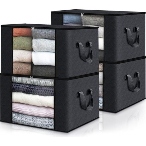 Lot de 4 sacs de rangement pliables pour vêtements de 60 L, adaptés à l'organisation de la garde-robe de la chambre, des vêtements et des couettes, noirs (1/5)
