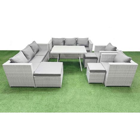 Fimous 11 Seater Garden Furniture Set PE Ratten Garden Sofa Set with Rectangular Dining Table 3 Stool Light Grey (1/4)