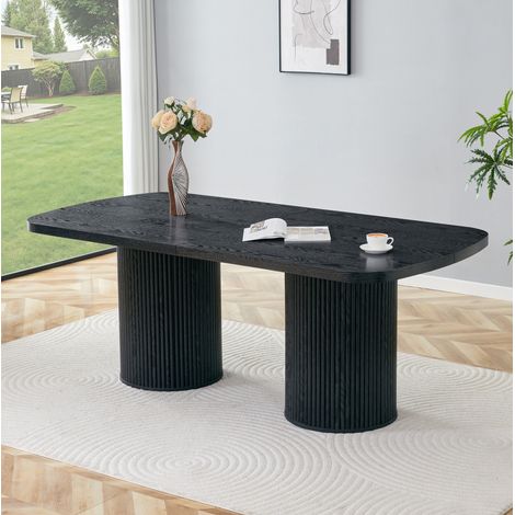 Mesa de comedor ovalada para 6-8 personas, patas estriadas, para cocina/sala de estar, MDF efecto madera negra (1/5)