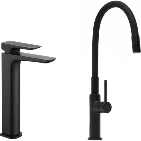 Set miscelatore lavabo alto + miscelatore cucina, bocca flessibile, aeratore Neoperl®, nero opaco (SATBS285C)