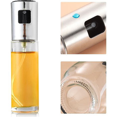 Transparente, silberfarbene Ölsprühflasche aus Edelstahl und Glas, leicht zu reinigen und wiederverwendbar für die Küche. Speiseölsprüher für die Küche. (1/5)