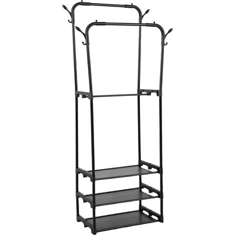 Portant à vêtements double à roulettes avec fer à repasser, 3 niveaux de rangement pour chambre, buanderie ou dressing (1/5)