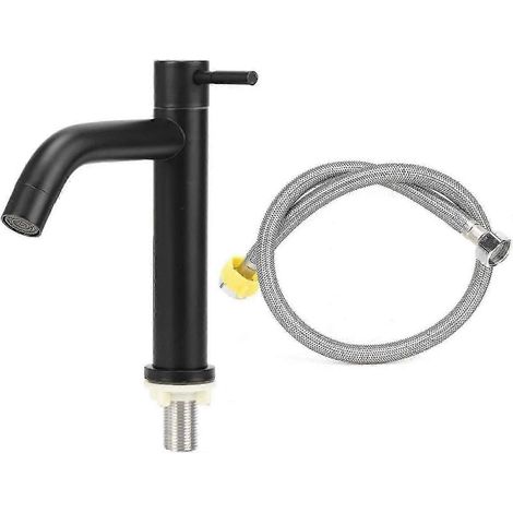 Robinet de lavabo en acier inoxydable, robinet simple pour eau froide avec tuyau noir (1/4)