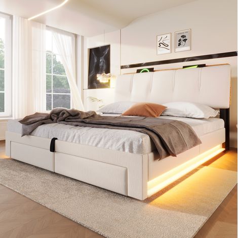 letto contenitore 140x200 ricarica USB LED beige HAVRYA (1/5)