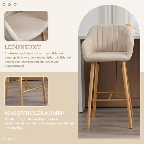 Lot de 2 chaises de bar contemporaines, haut dossier avec accoudoirs, assise en lin, piètement en bois. Parfait pour cuisine, îlot central ou salle à manger.