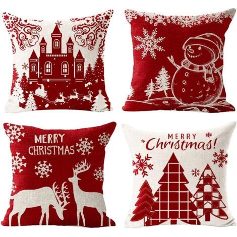 BUNTHAUS Lot de 4 housses de coussin Joyeux Noël 45 x 45 cm, taies d'oreiller en lin, motif élan, château, bonhomme de neige, décoration d'intérieur pour canapé, chambre à coucher (1/5)