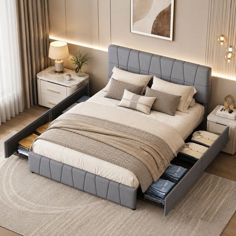 Lit double 160x200 avec 4 tiroirs, lit coffre avec sommier et tête de lit réglable, cadre lits 2 places pour adultes et ados, gris velours (1/5)