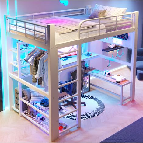 Bett Hochbett modern 140x200 cm Metall Weiß mit Schreibtisch, LED, Treppe mit Regalen, Kleiderstange (1/5)