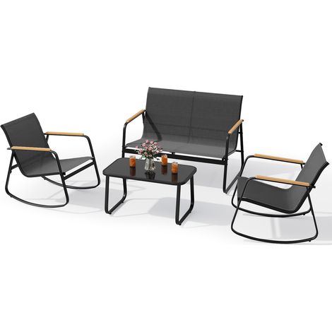 Gartenmöbel-Set aus Textilene Bealife Gartenstuhl Gartenmöbelset mit 1 Doppelsessel 2 Schaukelstühlen und 1 Glastisch für Balkon Terrasse Schwarz (1/5)