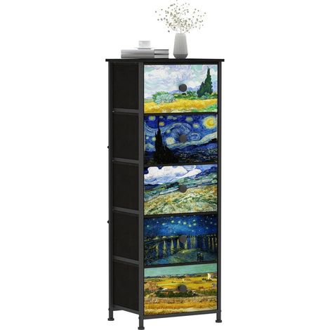 Schmale Kommode mit 5 Stoffschubladen, Van-Gogh-Druck, Nachttisch für Schlafzimmer (1/5)