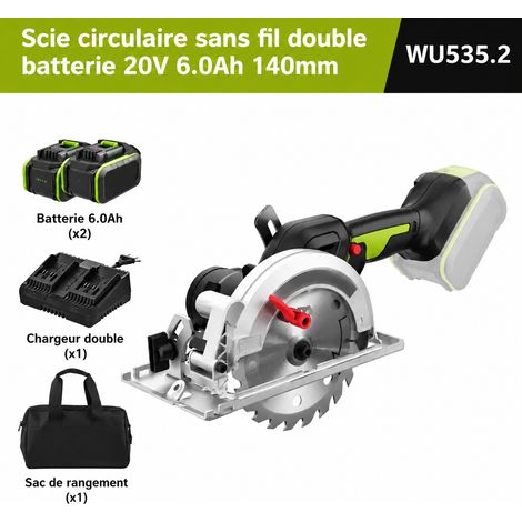 Scie circulaire sans fil 20V modèle WU535, moteur sans balais, 6.A 2 batteries et 2 chargeurs, 6.0 Ah, 5 pouces 140 mm, 6900 tr/min, 1 × 1 × 1 cm, 1 g. – Livraison gratuite