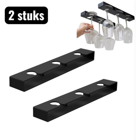 Lot de 2 casiers à vin sans perçage, fixation murale ou plafond. Permet de suspendre les verres à vin à l'envers pour séchage, noir (1/5)