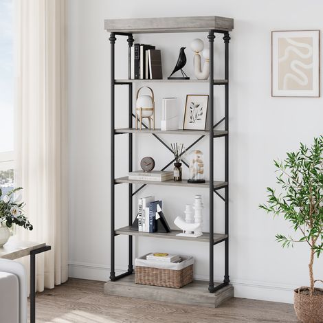 Bibliothèque à 5 Niveaux, étagère à Livres sur Pied, étagère en Bois et Cadre en Acier Stable ,80x30x187CM,Étagère de Rangement Industrielle pour Salon, Bureau à Domicile, étagère Gris (1/5)