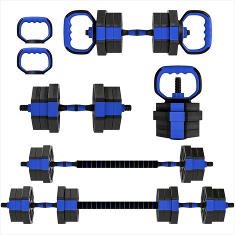 Haltères réglables 20 kg 6-en-1 avec barre et kettlebell Bleu (1/5)