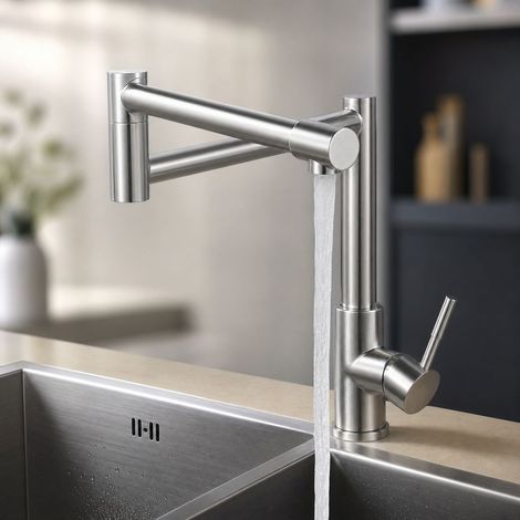 Robinet de cuisine pliable en acier inoxydable 304, mitigeur pivotant à 360° avec flexible 60cm, design extensible gain de place (1/5)