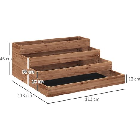 Jardinière surélevée d'extérieur à 4 niveaux, avec fond ouvert et doublure en tissu, en bois de sapin, idéale pour les plantes, les fleurs et les légumes. Dimensions : 113 x 113 x 46 cm, couleur café (1/3)