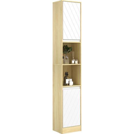 Pour petits espaces et angles Colonne meuble rangement salle de bain verticale 2 placards étagères 30x24x170cm chêne blanc (1/5)