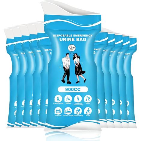 Lot de 12 sacs urinaires jetables, 900 ml, pour les voyages, le camping, les voyages, les femmes, les enfants, les patients et les femmes enceintes (1/5)