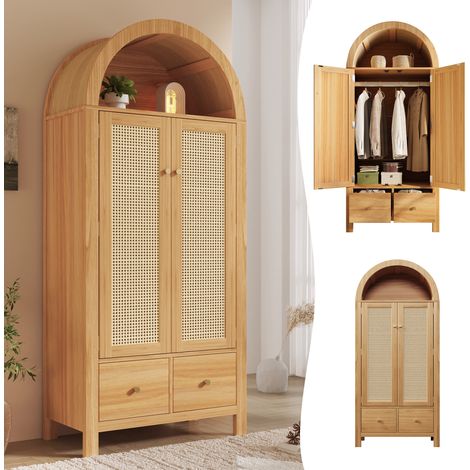 Armoire 181x78x45 cm avec tressage en rotin, style campagne en chêne, étagère semi-circulaire ouverte, 2 portes à fermeture magnétique, 2 tiroirs, barre de penderie et système antichute (1/5)