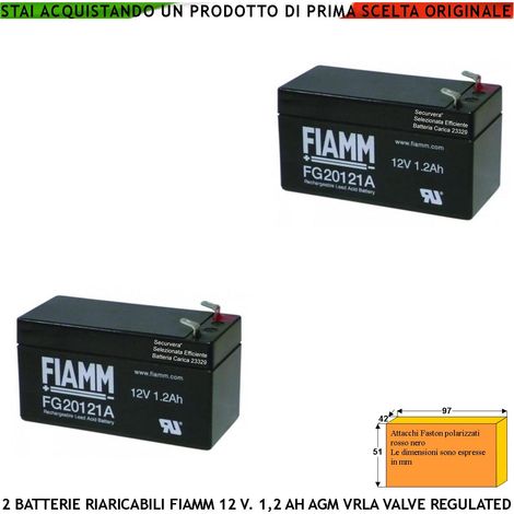 Batteria per Sirena 12 V 1,2 Ah 2 Pezzi Collegamento Tramite 2 Faston 5 mm Polarizzati Ermetica AGM VRLA Valve Regulated Selezionata da Securvera Caricata Marca Fiamm PRC Dimensioni L97XP42XH51 mm (1/3)