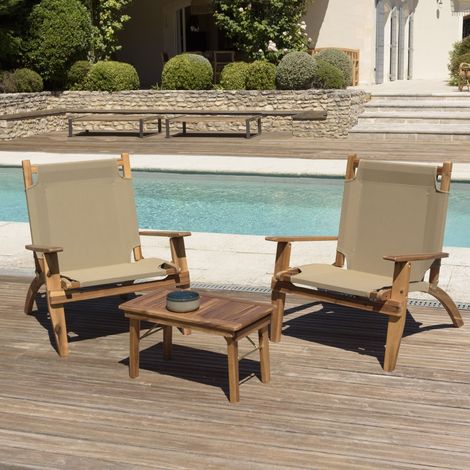 Macabane – Salon de jardin en bois acacia 2 places – Ensemble 2 fauteuils et table basse 63,5 x 36 cm – Assise inclinée pour confort extérieur (1/3)