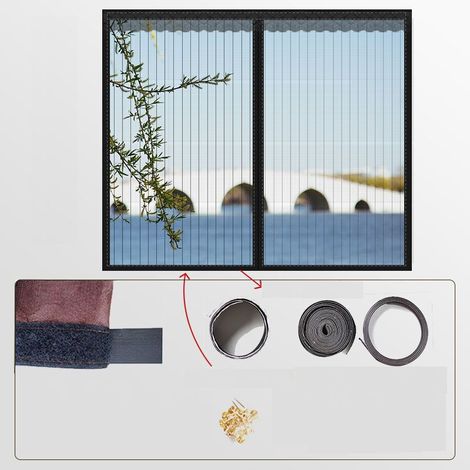Zuschneidbares Fenster-Moskitonetz mit selbstklebenden Streifen, ultrafeines Netzgewebe, kein Bohren erforderlich, schwarz gestreifte Mappe, 130 x 150 cm (1/5)