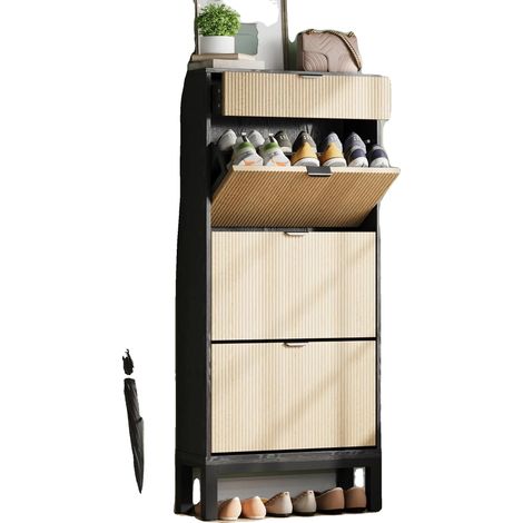 Schuhschrank, Klapptüren, platzsparendes Design, schwarze-Eiche (1/2)