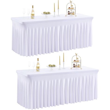 Lot de 2 nappes, extensibles, polyester élasthanne, avec jupe ondulée, pour table rectangulaire 180 cm, mariage fête (1/5)