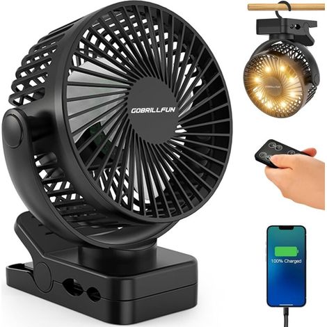 Ventilateur à pince de 15.2 cm (6 pouces) 12000 mAh avec télécommande. rechargeable par USB avec lumières LED. 3 vitesses. ventilateur à piles avec minuterie (noir profond) (6 Inch) (1/5)