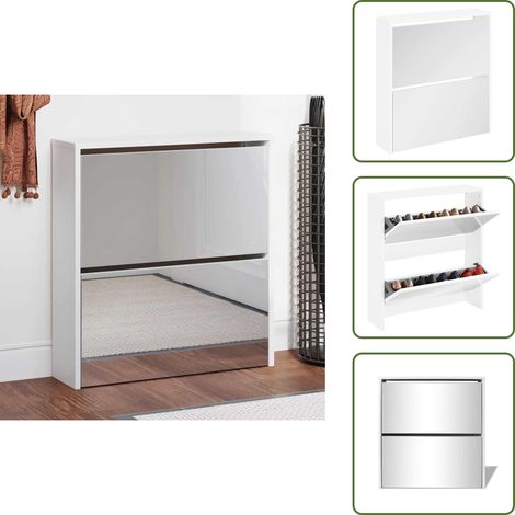 Schuhschrank mit 2 Fächern Spiegel Weiß 63x17x67 cm - Spiegel Schrank - Schuhschrank - Garderobe - Flurmöbel - Weiße Schränke