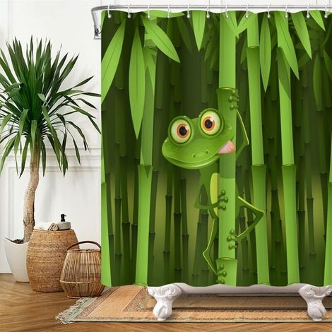 120 x 180 cm großer Duschvorhang mit niedlichem Froschmotiv, lustiges Frosch-Bambus-Cartoon-Abstrakt-Tier-Baumblätter-Grün-Badewannenvorhang für Kinderbadezimmer, Polyester mit Haken