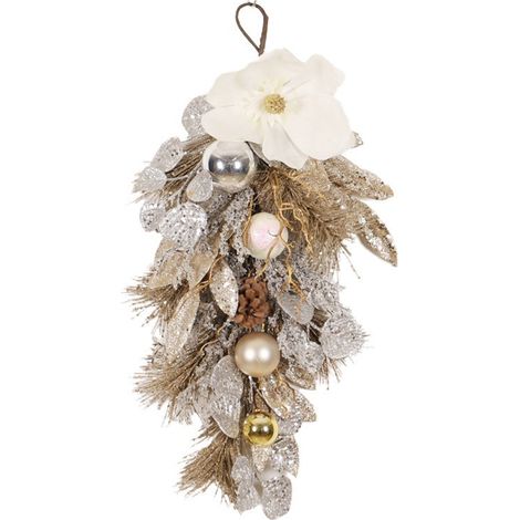 Hängender Türschmuck im Landhausstil mit Glitzer, künstlichen Blumen, tropfenförmig, mit Kugeln und Tannenzapfen für Wand, Haustür, Party, Hochzeit (1/2)