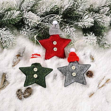Lot de 3 décorations de Noël : bonnet tricoté, petit pendentif pentagramme, pendentif sapin rouge à cinq étoiles. (1/5)