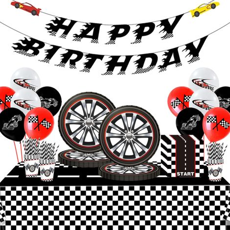 Kit de vaisselle de fête d'anniversaire pour garçon - Voiture de course - Ballons - Bannière d'anniversaire d'enfant - Avec voitures, assiettes en carton, gobelets, serviettes, pailles