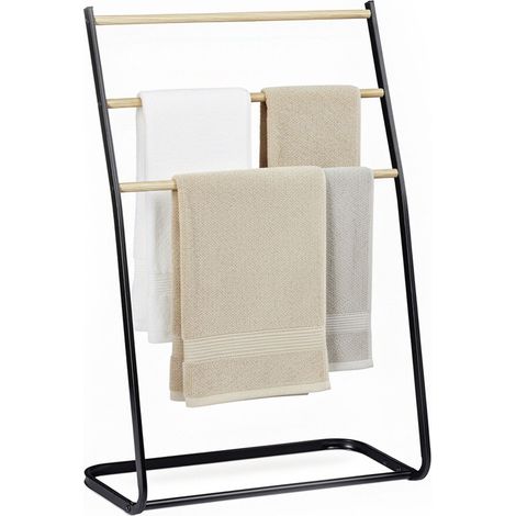 Relaxdays portasciugamani da terra, 3 pioli, per asciugamani e abiti, HxLxP: 86 x 58 x 30 cm, ferro, nero