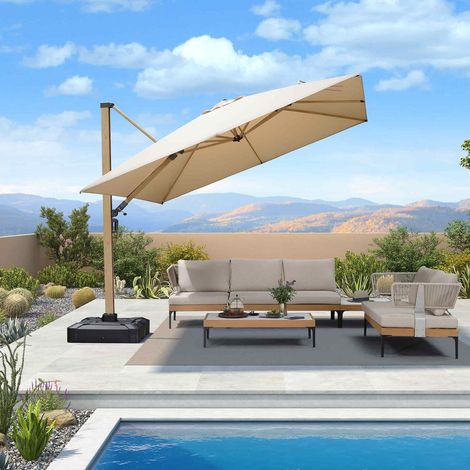 PURPLE LEAF parasol déporté carré 3 x 3 m avec apparence teck, rotation 360°, inclinaison 6 niveaux, protection UV50+, structure en aluminium, pour terrasse, jardin et piscine, Beige