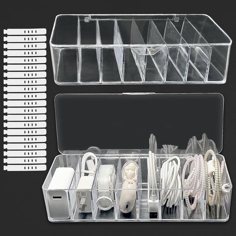 Lot de 2 boîtes de Rangement de câbles Transparentes avec 8 Compartiments et 20 Attaches de câble, Boîte de Rangement Chargeur et Cable, Boîte de Gest